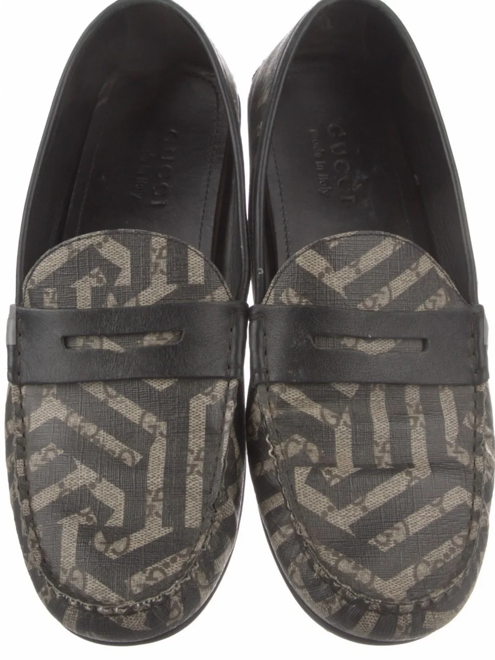Gucci Black and Gray Patterned Canvas Penny Loafers